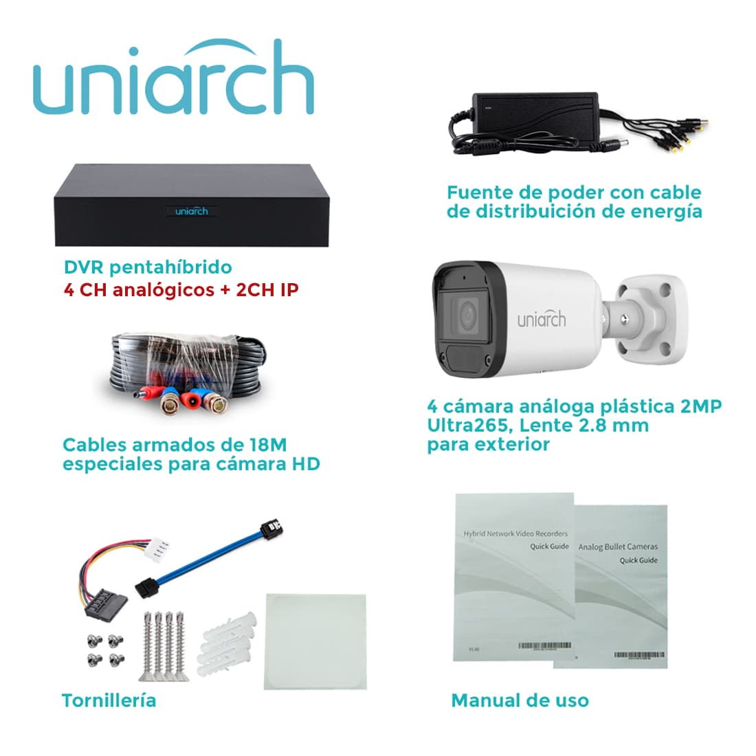 KIT 4X4 HD 2MP UNIARCH KIT-104F / 4CAMARAS-BULLET-UAC-B112-F28 /  2MP /  XVR-104F-4CH-ANALOGICOS-2CH-IP/  4CABLES-PREPONCHADOS-18 MTS /  1DISTRIBUIDOR-ENERGIA-4SALIDAS / FUENTE-12VDC - Miniatura 5