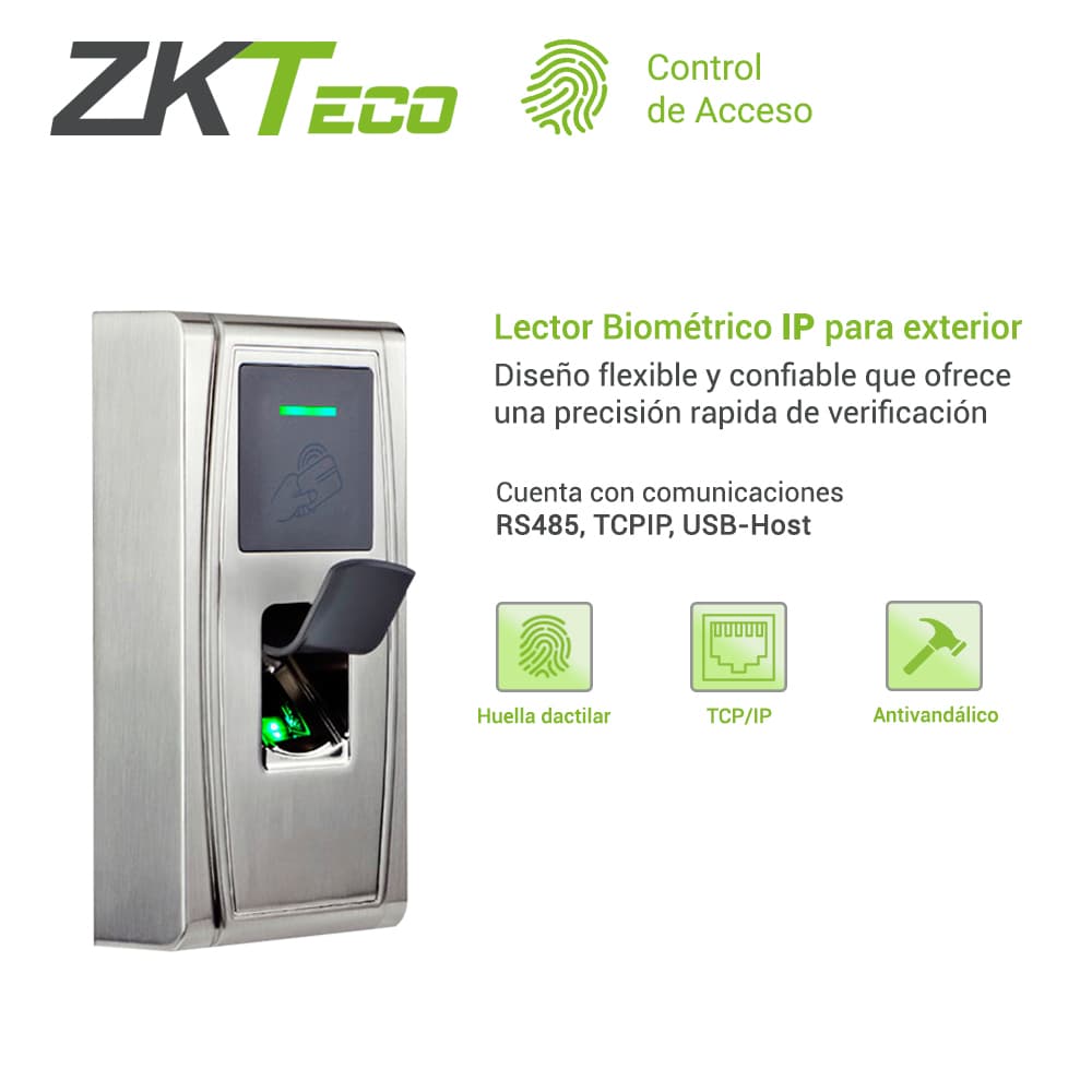 CONTROL DE ACCESO AVANZADO ZKTECO MA300 BIOMETRICO ANTIVANDALICO  PARA  EXTERIOR   CAPACIDAD  DE  1500HUELLAS/10,000TARJETAS/100,000REGISTROS TCPIP/RS485/USB HOST   COMPATIBLE CON SOFTWARE ZKBIO CV ACCESS - Miniatura 3