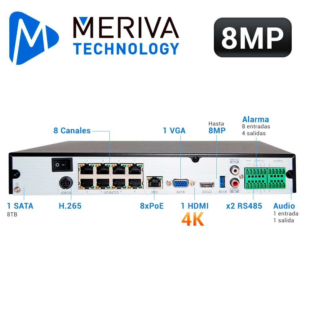 NVR FACE RECOGNITION/VIDEO INTELLIGENT/H.265 8CH POE 8MP 2DD/HDMI 4K + VGA/ONVIF/ MERIVA TECHNOLOGY MAIN-0808/P2P CLOUD N9000 - Miniatura 3