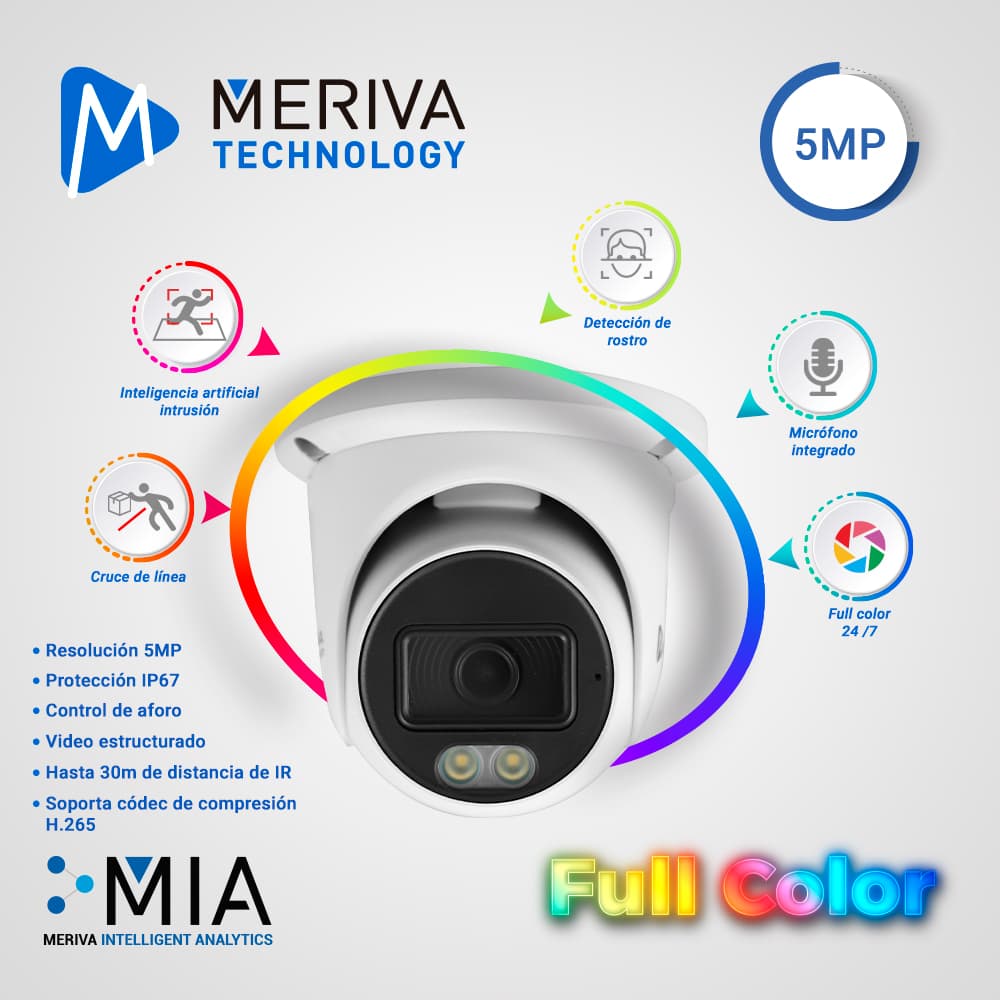 CAMARA IP TURRET MERIVA TECHNOLOGY MTD-FC500FA / 5MP / H.265+ / 2.8MM / 20 - 30M LUZ CALIDA / IP67 / METALICA / 12 VCD / POE / SOPORTA MICRO SD HASTA 256 GB (NO INCLUIDA) / 1 ENTRADA DE AUDIO / MICROFONO INTEGRADO / MIA 2.0 / ONVIF / FACE - DETECCION - Miniatura 3