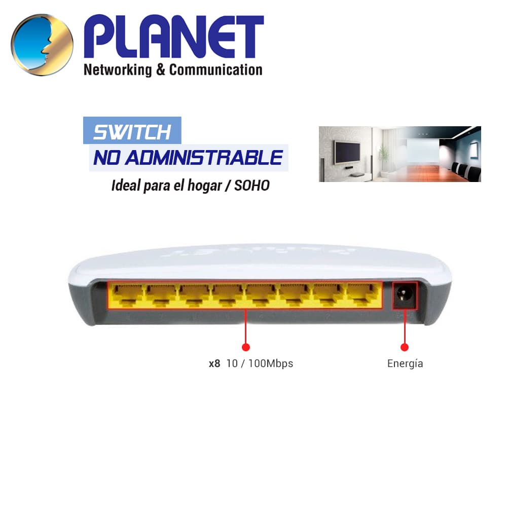 SWITCH NO ADMINISTRABLE DE 8 PUERTOS / PLANET SW-804 / 8 PUERTOS RJ45 10/100 MBPS MDI/MDI-X / PLASTICO / ALIMENTACION 5VDC - Miniatura 3