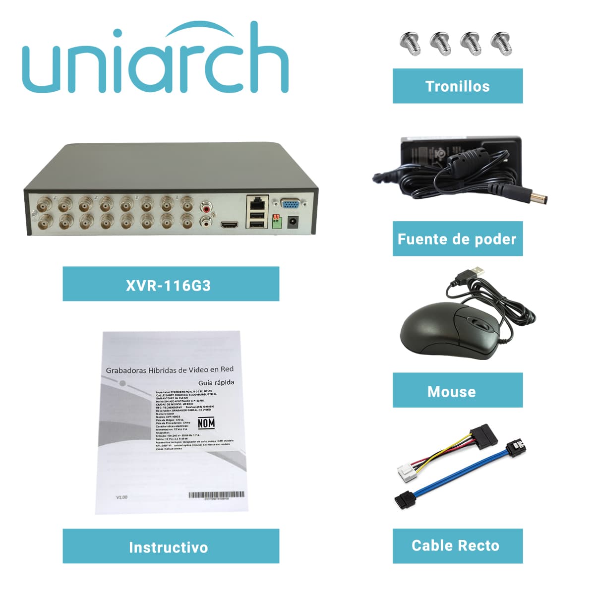 DVR PENTAHIBRIDO UNIARCH XVR-116G3 / 16 CANALES ANALOGICOS (HASTA 5MP LITE A 12 FPS) /  AHD / TVI / CVI / 8 CANALES IP (HASTA 8 MP) / CAPACIDAD DE 1 DISCO DURO DE 8 TB/ AUDIO ENTRADA/SALIDA / SALIDA VGA/HDMI SIMULTANEA / P2P (EZCLOUD) / ONVIF / RTSP  - Miniatura 5