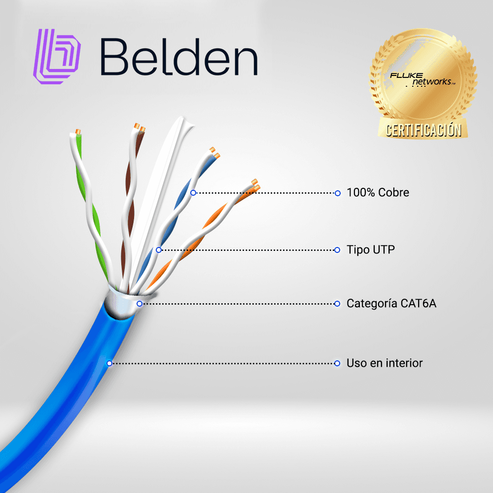 CABLE UTP CAT6A BELDEN 10GXS12 0061000 / INTERIOR / AZUL / 625MHZ / 4 PARES / 23 AWG / FORRO PVC / CMR / CERTIFICABLE / BOBINA / 1,000 PIES 305 METROS - Miniatura 3