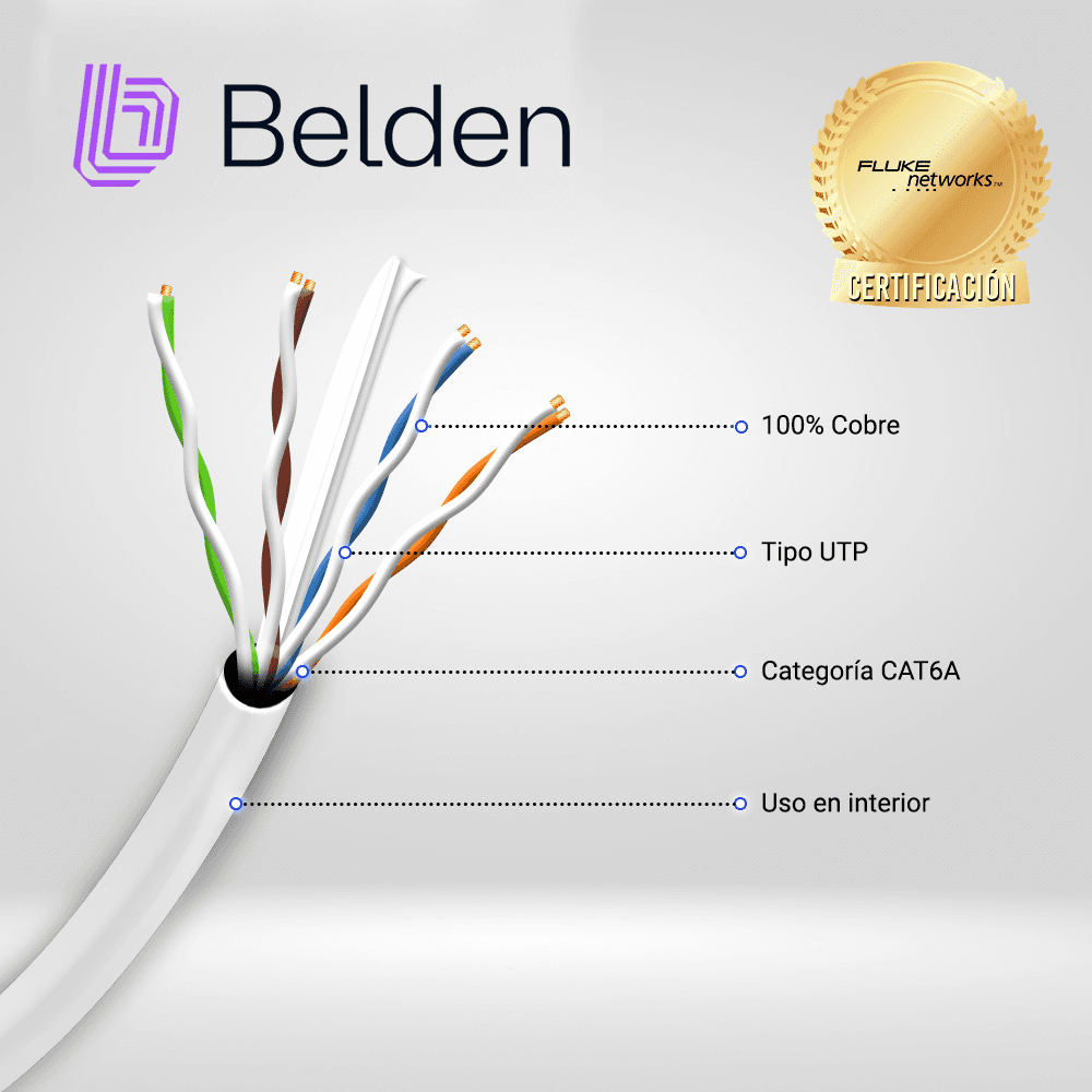 CABLE UTP CAT6A BELDEN 10GXS12 0091000 / INTERIOR / BLANCO / 625MHZ / 4 PARES / 23 AWG / FORRO PVC / CMR / CERTIFICABLE / BOBINA / 1,000 PIES 305 METROS - Miniatura 3