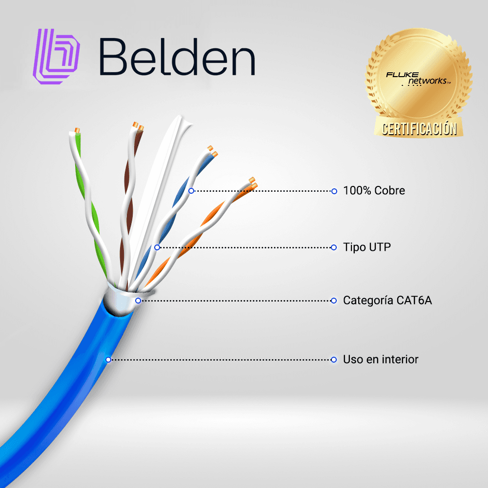 CABLE UTP CAT6A BELDEN 10GXW12 0061000 / INTERIOR / AZUL / 500MHZ / 4 PARES / 23 AWG / FORRO PVC / CMR / CERTIFICABLE / BOBINA / 1,000 PIES 305 METROS - Miniatura 3