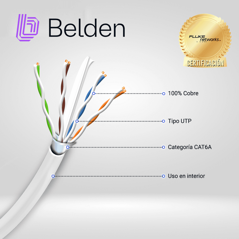 CABLE UTP CAT6A BELDEN 10GXW12 0091000 / INTERIOR / BLANCO / 500MHZ / 4 PARES / 23 AWG / FORRO PVC / CMR / CERTIFICABLE / BOBINA / 1,000 PIES 305 METROS - Miniatura 3