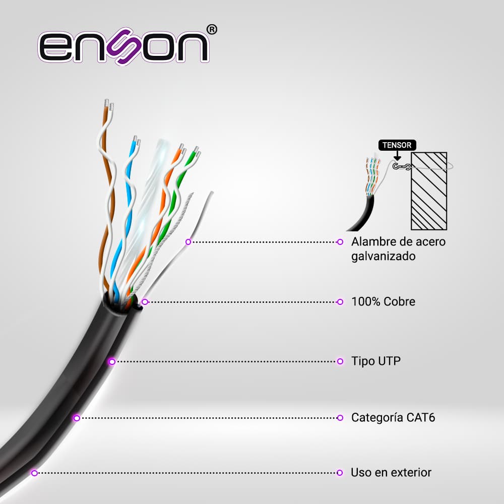 CABLE UTP AEREO CAT6 ENSON 43164B305 FORRO NEGRO 4 PARES CALIBRE 23 AWG 100% COBRE USO EXTERIOR FIGURA8 1000 PIES 305 METROS - Miniatura 3