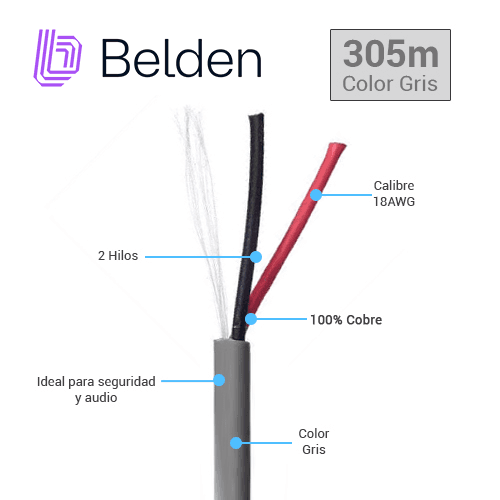 CABLE DE SEGURIDAD Y SONIDO BELDEN 5300UE 008U1000 / INTERIOR / GRIS / 2 CONDUCTORES / 18 AWG / MULTIFILAR / FORRO PVC / CMR / EN CAJA / 1,000 PIES 305 METROS - Miniatura 4