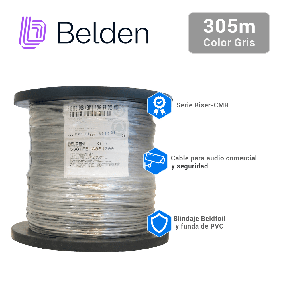 CABLE DE SEGURIDAD Y SONIDO BELDEN 5301FE 0081000 / INTERIOR / GRIS / 3 CONDUCTORES / 18 AWG / MULTIFILAR / FORRO PVC / CMR / BLINDADO / BOBINA / 1,000 PIES 305 METROS - Miniatura 3
