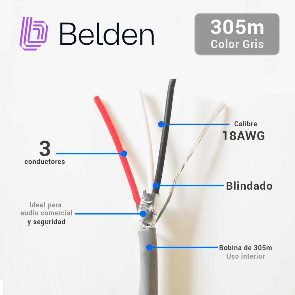 CABLE DE SEGURIDAD Y SONIDO BELDEN 5301FE 0081000 / INTERIOR / GRIS / 3 CONDUCTORES / 18 AWG / MULTIFILAR / FORRO PVC / CMR / BLINDADO / BOBINA / 1,000 PIES 305 METROS - Miniatura 4