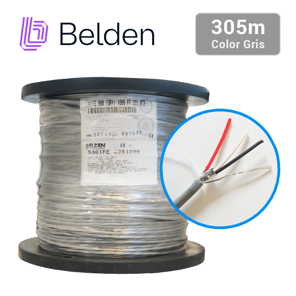 CABLE DE SEGURIDAD Y SONIDO BELDEN 5301FE 0081000 / INTERIOR / GRIS / 3 CONDUCTORES / 18 AWG / MULTIFILAR / FORRO PVC / CMR / BLINDADO / BOBINA / 1,000 PIES 305 METROS - Miniatura 5