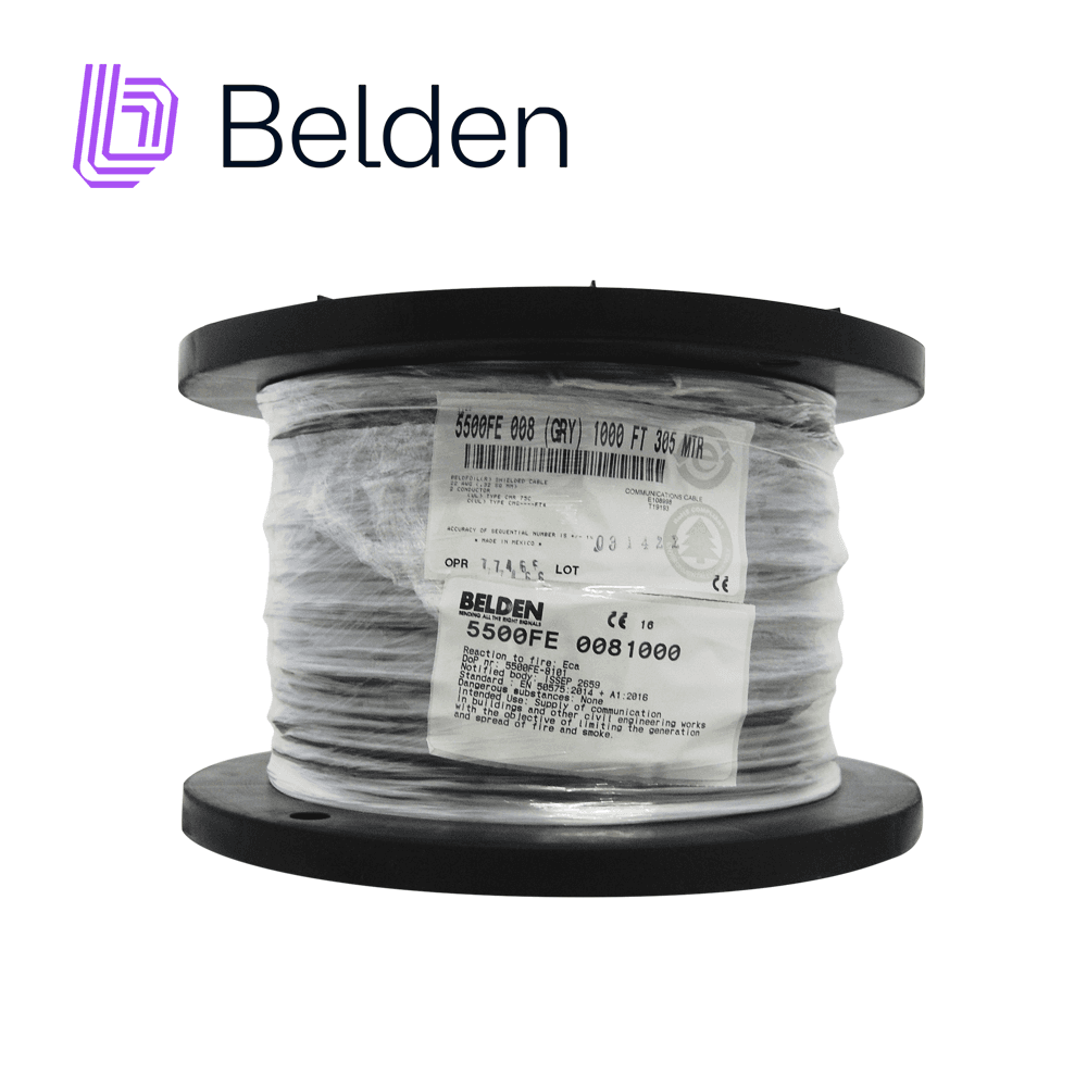 CABLE DE SEGURIDAD Y SONIDO BELDEN 5500FE 0081000 / INTERIOR / GRIS / 2 CONDUCTORES / 22 AWG / MULTIFILAR / FORRO PVC / CMR / BLINDADO / BOBINA / 1,000 PIES 305 METROS - Miniatura 2
