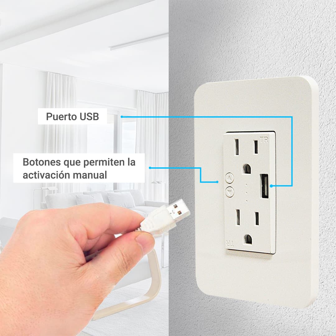 CONTACTO TOMACORRIENTE WIFI 2.4 GHZ DUOSMART A60 2 CONTACTOS Y 1 PUERTO USB PARA PARED MEDIDA ESTANDAR COMPATIBLE CON APP DUOSMART  - Miniatura 4