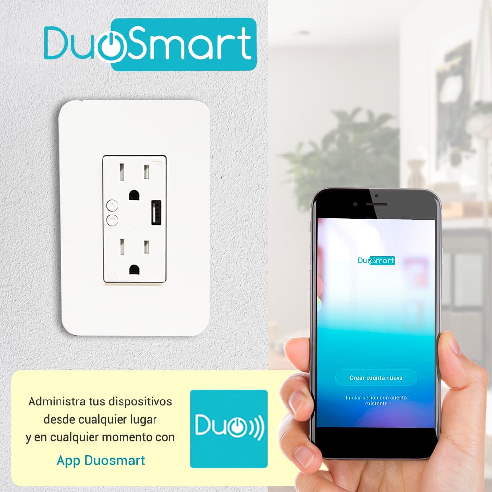 CONTACTO TOMACORRIENTE WIFI 2.4 GHZ DUOSMART A60 2 CONTACTOS Y 1 PUERTO USB PARA PARED MEDIDA ESTANDAR COMPATIBLE CON APP DUOSMART  - Miniatura 5