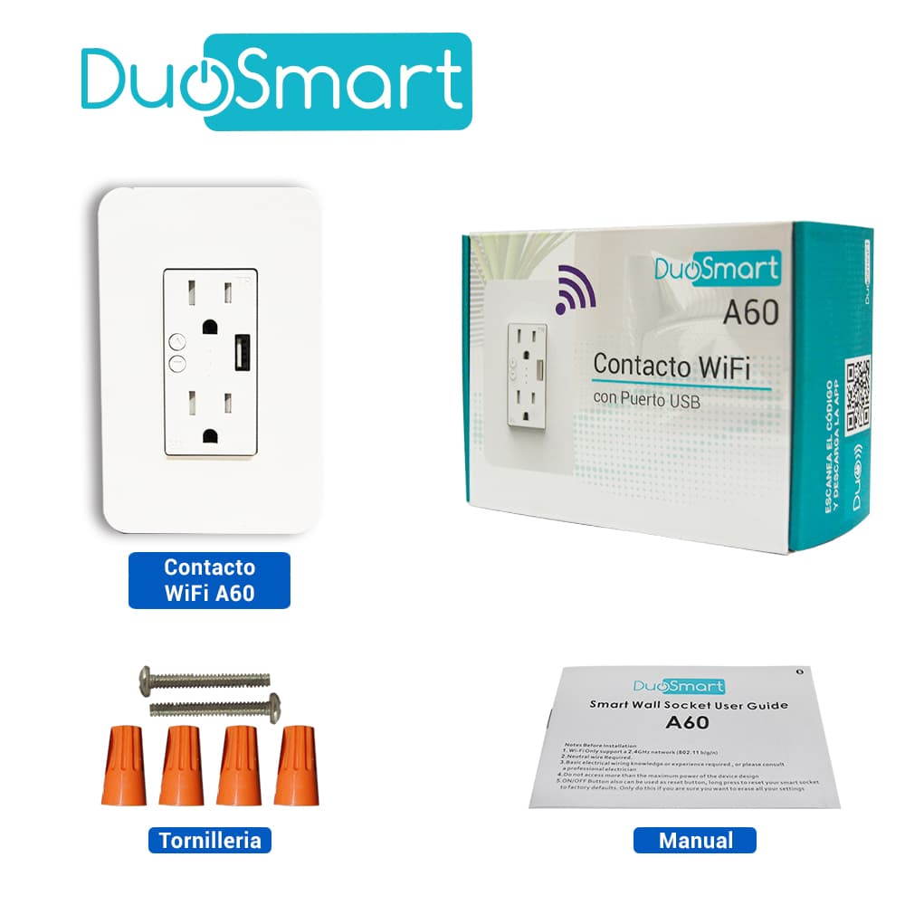 CONTACTO TOMACORRIENTE WIFI 2.4 GHZ DUOSMART A60 2 CONTACTOS Y 1 PUERTO USB PARA PARED MEDIDA ESTANDAR COMPATIBLE CON APP DUOSMART  - Miniatura 6