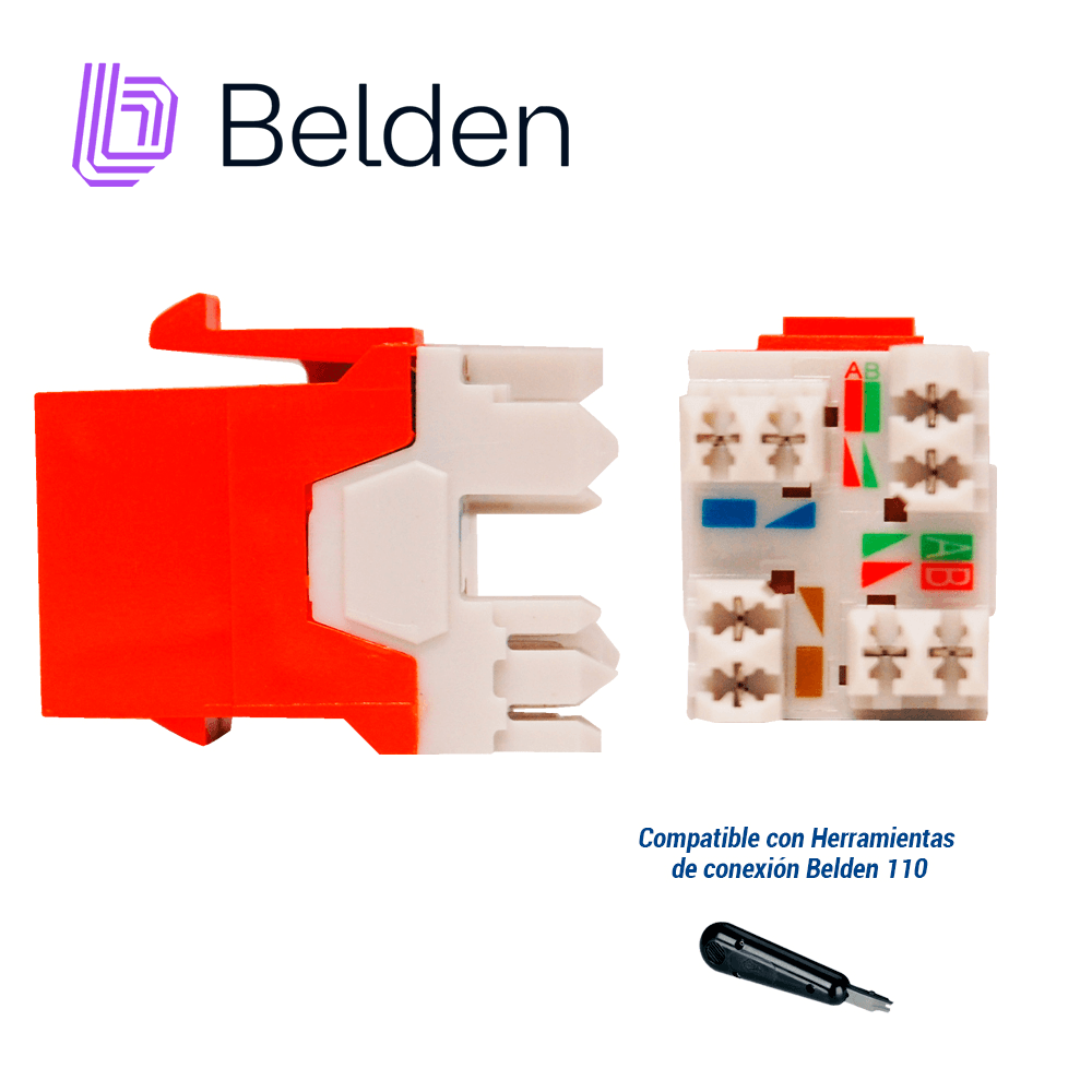CONECTOR MODULAR JACK RJ45 CAT6A BELDEN AX104152  ESTILO KEYCONNECT NARANJA COMPATIBLE CON FACEPLATE AX102660,AX102655,AX102249 PATCH PANEL MODULAR AX103114,AX103115,AX104599 ESQUEMA DE CABLEADO T568A/B HERRAMIENTA COMPATIBLE AX100749 USO INTERIOR CA - Miniatura 4