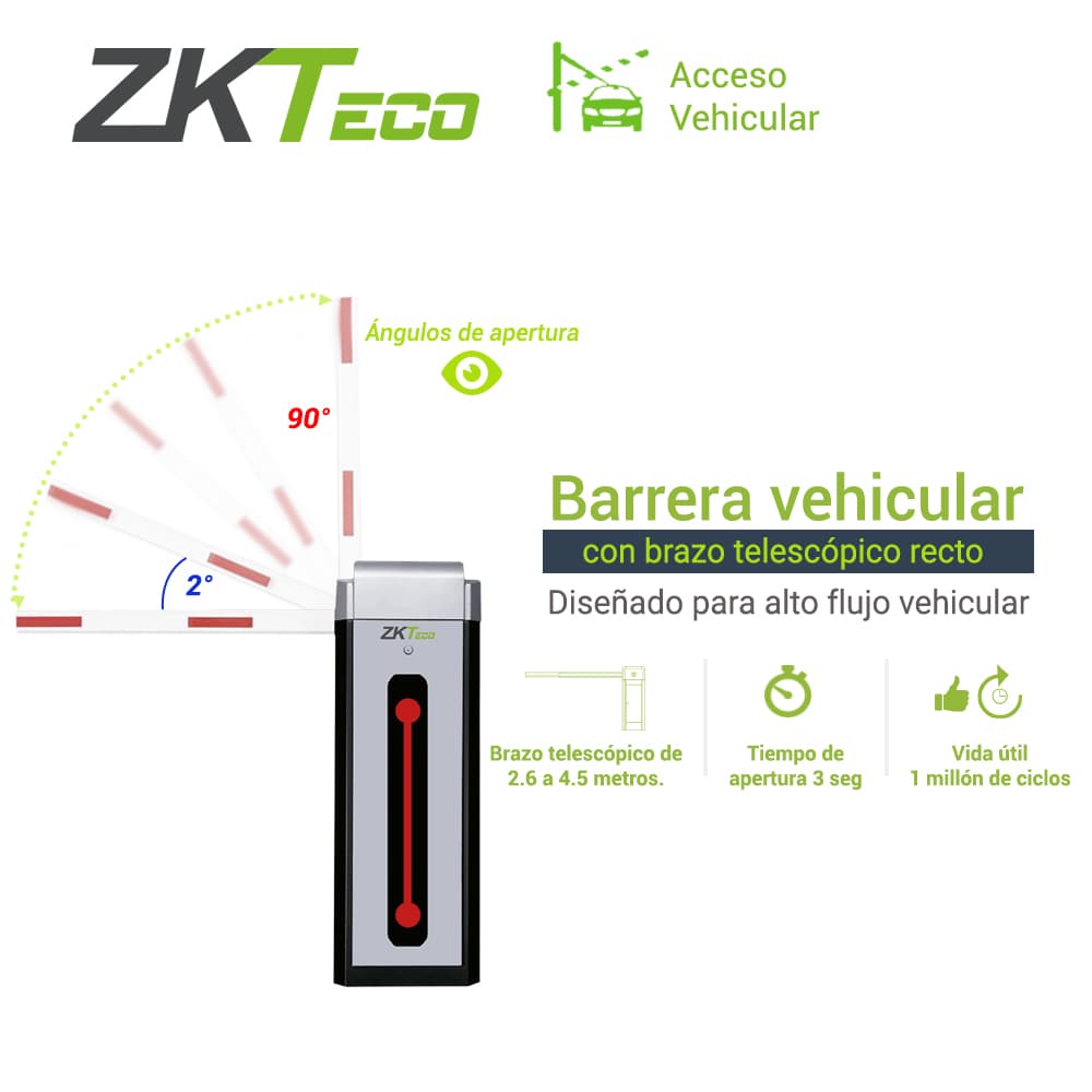 BARRERA VEHICULAR ZKTECO CMP300R CON BRAZO TELESCOPICO RECTO SENTIDO DERECHO VELOCIDAD DE CIERRE 3 SEGUNDOS ALIMENTACION ELECTRICA 110VCA APERTURA MANUAL EN CASO DE FALLA ELECTRICA COMPATIBLE CON PANELES DE ACCESO, ANTENAS VEHICULARES Y CAMARAS LPR - Miniatura 3