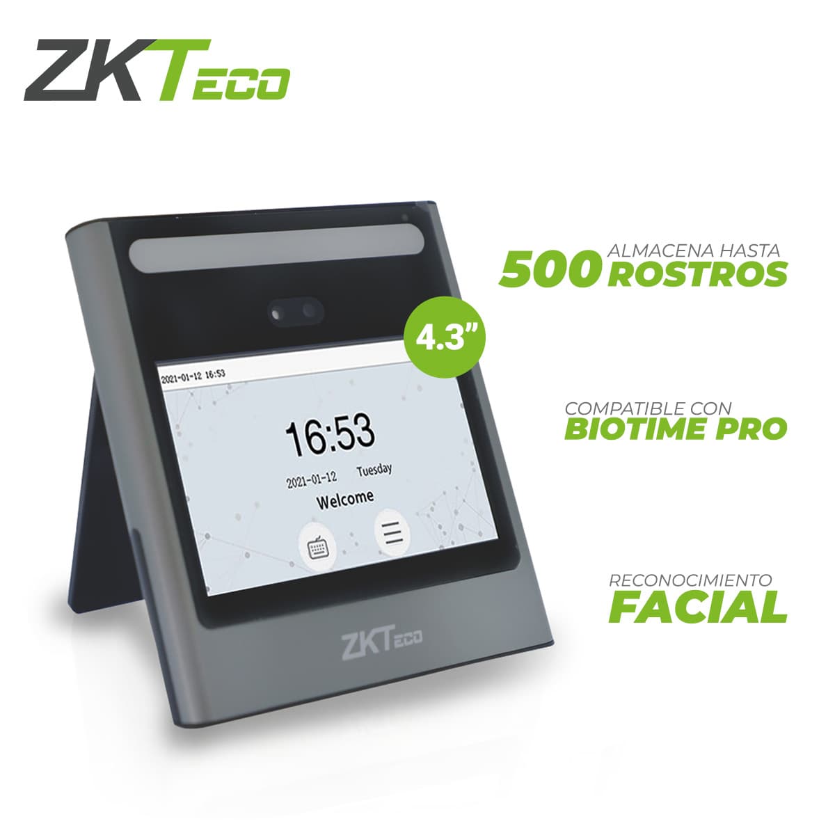 TERMINAL DE ACCESO Y ASISTENCIA CON RECONOCIMIENTO FACIAL Y CONTRASEÑA EFACE10  ZKTECO PANTALLA DE 4.3 PULGADAS 500 ROSTROS/ 150,000 EVENTOS  SALIDA DE RELEVADOR ACEPTA BOTON TCP/IP ADMS  COMPATIBLE CON BIOTIME PRO Y BIOACCESS IVS MODULO DE ASISTENCI - Miniatura 2