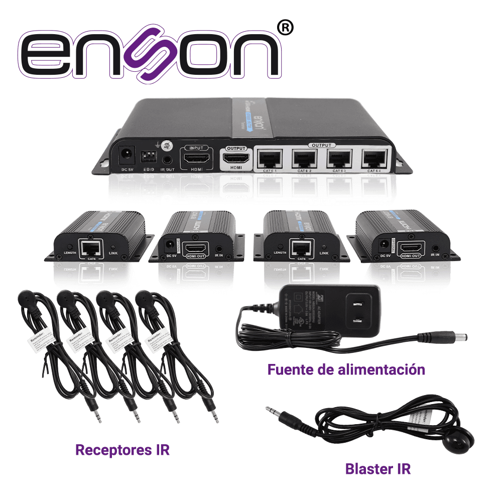 DISTRIBUIDOR EXTENSOR HDMI ENSON ENS-EX704 CON 4 EXTENSORES DE HASTA 40MTS CON CABLE 100% COBRE CAT6 A 1080P SALIDA HDMI LOCAL HDMI-LOOP Y CONTROL DE IR - Miniatura 7