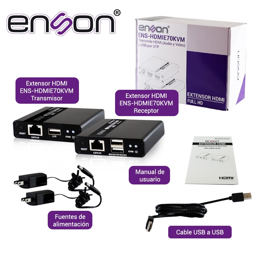 EXTENSOR HDMI ENSON ENS-HDMIE70KVM DE 70MTS MEDIANTE CABLE UTP CAT6/6A/7 SE PUEDE CASCADEAR TRANSMITE VIDEO FULL HD 1080P@60HZ  AUDIO STEREO Y TECLADO Y MOUSE A DISTANCIA, NO INCLUYE CABLE HDMI - Miniatura 5