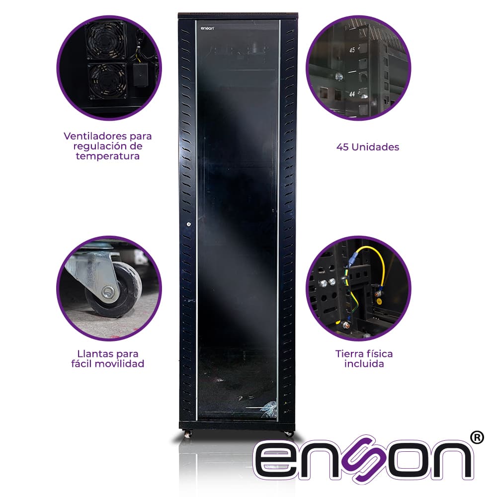 GABINETE DE PISO ENSON ENS-RKGB45U4 45UR 600X1000X2105MM PUERTA CRISTAL CON CERRADURA DE SEGURIDAD ABATIBLE PANELES LATERALES REMOBIBLES PUERTA TRASERA PARA TRABAJO Y POSTES AJUSTABLES - Miniatura 3