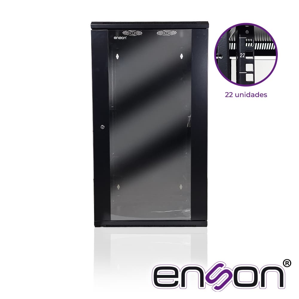 GABINETE DE PISO/PARED ENSON ENS-RKGU22PRO 22U PUERTA FRONTAL DE CRISTAL TEMPLADO CON CERRADURA DE SEGURIDAD PUERTA TRASERA ABATIBLE RANURAS DE VENTILACION EN LA PARTE SUPERIOR PARA 2 VENTILADORES DE 11 CM DIMENSIONES 550X600X1055MM - Miniatura 3