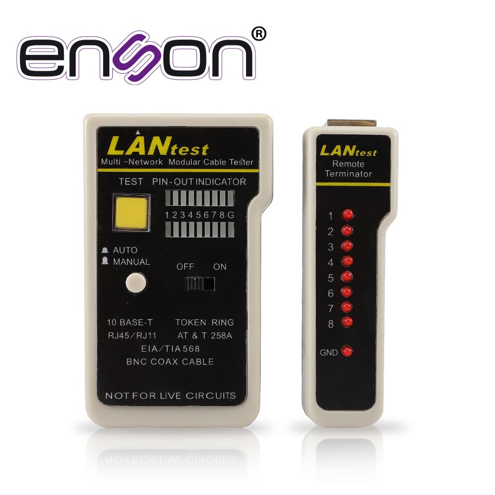 TESTER PARA CABLE DE RED ENSON ENS-TELN2 IDEAL PARA IDENTIFICAR ERRORES DE TERMINADO Y CONTINUIDAD EN CABLES DE RED Y TELEFONICO RJ45 Y RJ11, Y TAMBIEN DE CABLE BNC RG59 Y RG6 - Miniatura 4