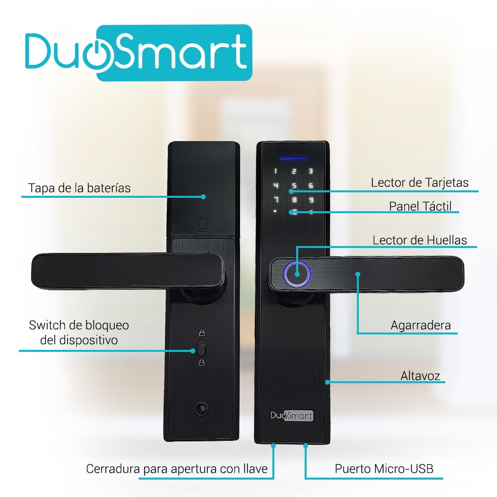 CERRADURA BIOMETRICA WIFI 2.4 GHZ DUOSMART F20 ACEPTA TARJETAS MF HUELLA DIGITAL CONTRASEÑA Y LLAVE  CON PUERTO DE ALIMENTACION EMERGENTE MICROUSB COMPATIBLE CON APLICACION DUOSMART - Miniatura 3