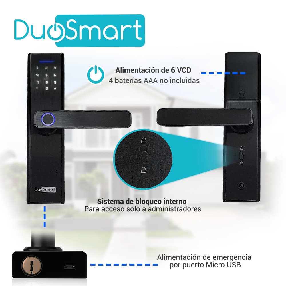 CERRADURA BIOMETRICA WIFI 2.4 GHZ DUOSMART F20 ACEPTA TARJETAS MF HUELLA DIGITAL CONTRASEÑA Y LLAVE  CON PUERTO DE ALIMENTACION EMERGENTE MICROUSB COMPATIBLE CON APLICACION DUOSMART - Miniatura 6