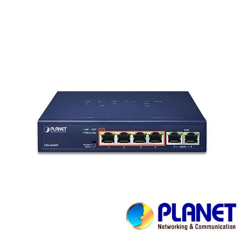 SWITCH NO ADMINISTRABLE PLANET FSD-604HP / 6 PUERTOS RJ45 FAST ETHERNET 10/100 MBPS / 4 PUERTOS CON POE 802.3AF/AT (PUERTOS 1 – 4) / 30W POR PUERTO / DIP SWITCH (DISTANCIA DE 100 Y 250 METROS) / 63 WATTS DE CONSUMO / RECINTO DE METAL. - Miniatura 3