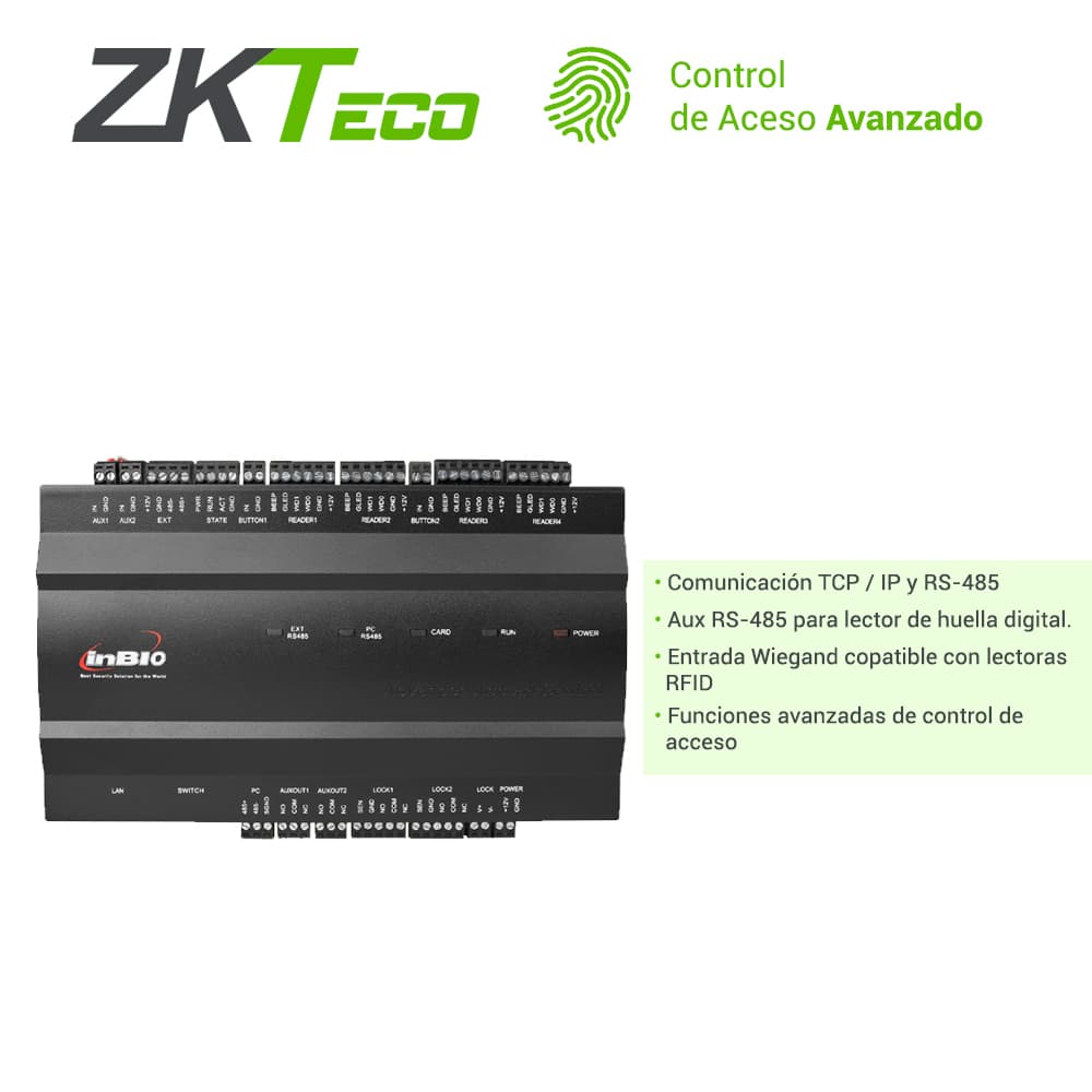 PANEL DE CONTROL DE ACCESO AVANZADO ZKTECO INBIO260 2PUERTAS/4LECTORAS/3000HUELLAS/30,000TARJETAS/100,000REGISTROS TCPIP/RS485/2 INPUT AUX COMPATIBLE CON LECTORAS SERIE KR Y FR SOFTWARE COMPATIBLE SIN COSTO ZKBIO CVACCESS - Miniatura 4
