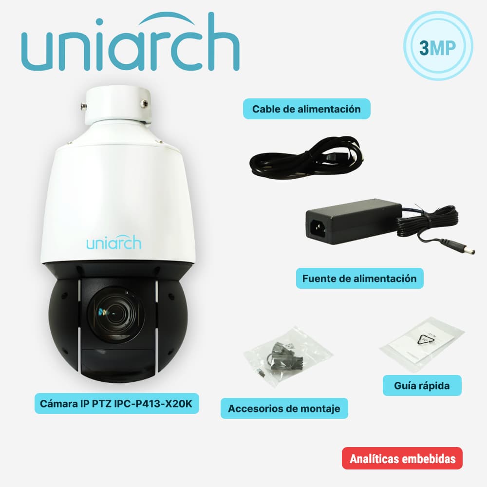 CAMARA IP PTZ UNIARCH IPC-P413-X20K / 3MP / ULTRA265/ LENTE MOTORIZADO 5-100 MM / WDR / ZOOM 20X / IR 100M / POE AT / 12VCD / ANALITICAS DE VIDEO DETECCION FACIAL / SIP / CONTEO DE PERSONAS / AUTOTRACKING / HASTA 1024 PRESETS / PATRULLAJE/CRUCERO / R - Miniatura 5
