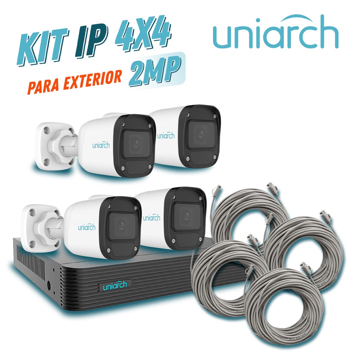 KIT 4X4 UNIARCH IP EXTERIOR BULLET 2MP 1080P INCLUYE 1 NVR POE 4PTOS + 4 CAM BULLET IP 2MP 2.8MM SLOT MICROSD + 4 CABLES PREPONCHADOS DE 18MTS - Miniatura 2