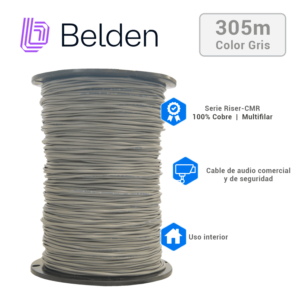CABLE DE SEGURIDAD Y SONIDO BELDEN 5500UE 0081000 / INTERIOR / GRIS / 2 CONDUCTORES / 22 AWG / MULTIFILAR / FORRO PVC / CMR / BOBINA / 1,000 PIES 305 METROS - Miniatura 3