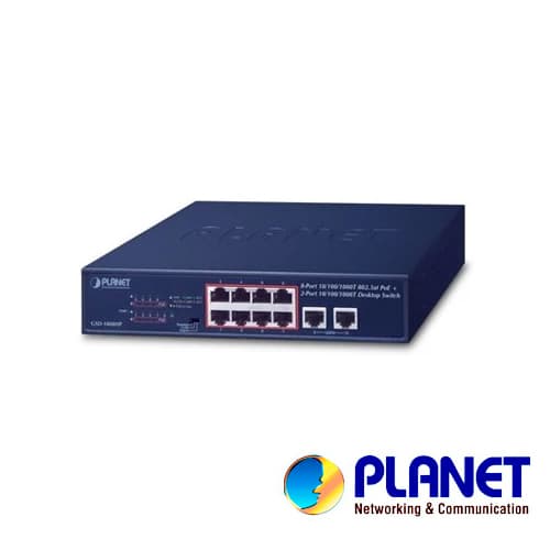SWITCH PLANET GSD-1008HP NO ADMINISTRABLE /8 PUERTOS RJ45 VELOCIDAD DE TRANSMISION 10/100/1000 MBPS ALIMENTACION POE ACTIVO AF/AT + 2 PUERTOS RJ45 VELOCIDAD DE TRANSMISION 1000 MBPS / TEMPERATURA DE OPERACION 0-50 GRADOS CENTIGRADOS / BUDGET TOTAL 12 - Miniatura 2