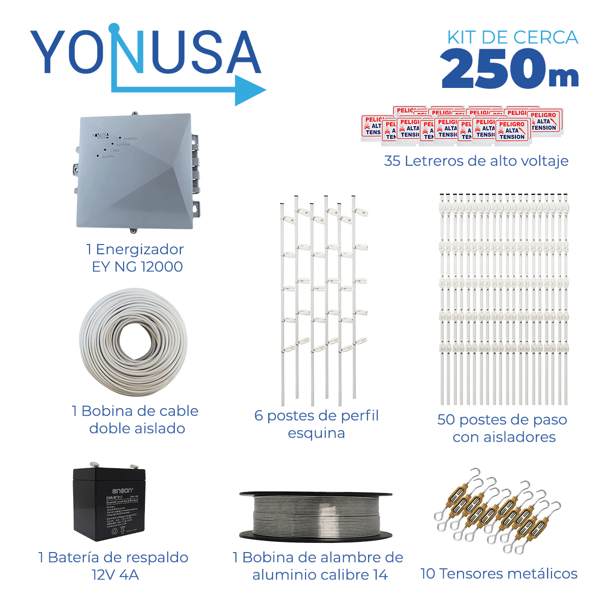 KIT DE CERCA ELECTRIFICADA CON ACCESORIOS PARA 250METROS INCLUYE:
ENERGIZADOR, BATERIA ENS-BT412, CABLE, ALAMBRE, POSTES, LETREROS Y TENSORES - Miniatura 2