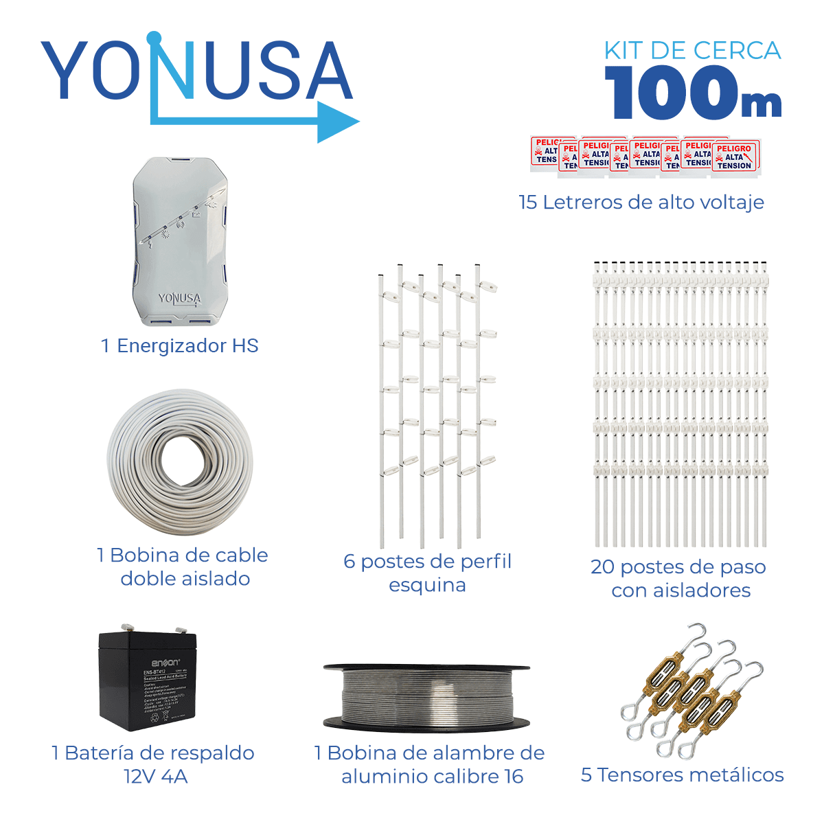 KIT DE CERCA ELECTRIFICADA CON ACCESORIOS PARA 100METROS INCLUYE:
ENERGIZADOR, BATERIA  BR-1204, CABLE, ALAMBRE, POSTES, LETREROS Y TENSORES - Miniatura 2