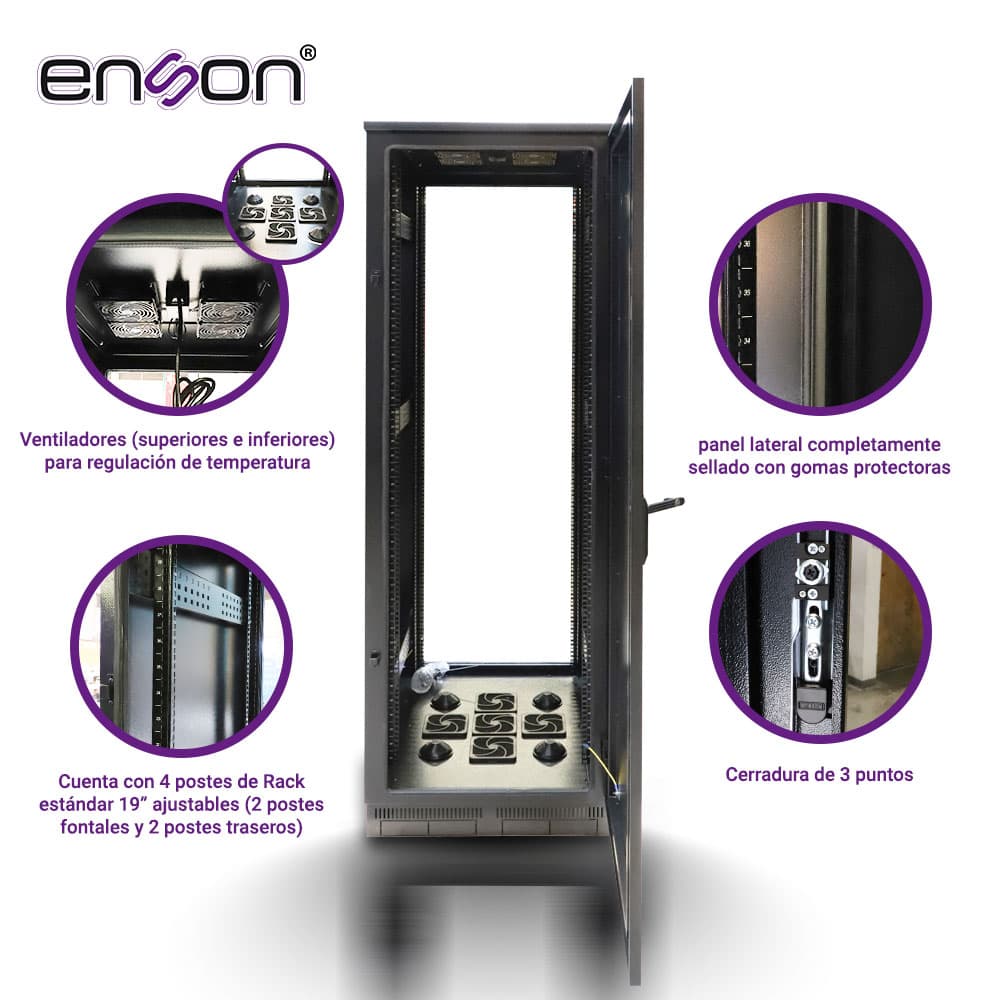 GABINETE EXTERIOR 42UR ENSON ENS-RKGB042U8 600X800 FABRICADO EN ACERO CON TIRA SELLADA EN PUERTA DELANTERA Y TRASERA  - Miniatura 3