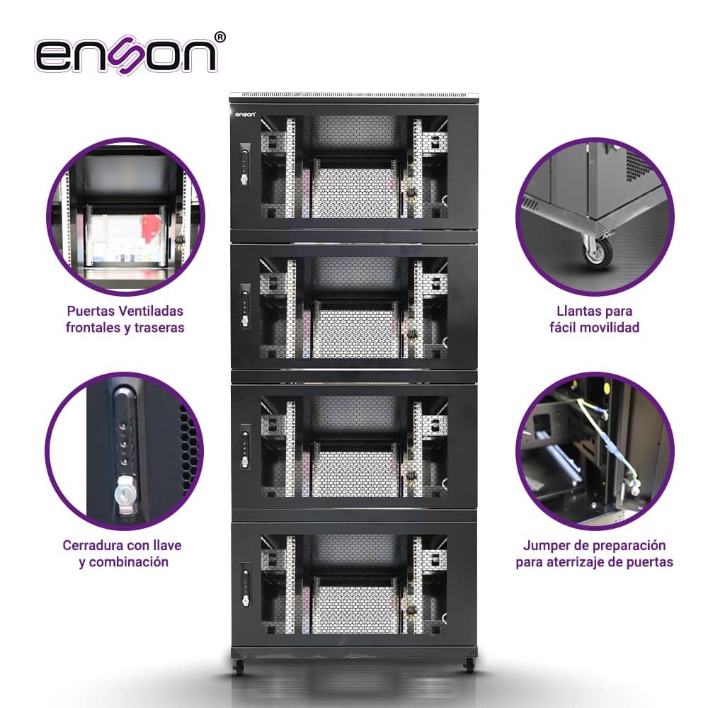 GABINETE DE PISO MODULAR DE ACERO ENSON ENS-RKGB42U8 / 36UR EN 4 MODULOS DE 9UR CADA UNO / PANELES LATERALES EXTRAIBLES / PUERTAS DE MALLA DELANTERAS Y TRASERAS CON CERRADURAS / TAMAÑO EXTERIOR 42U 800X1000X2000 - Miniatura 4