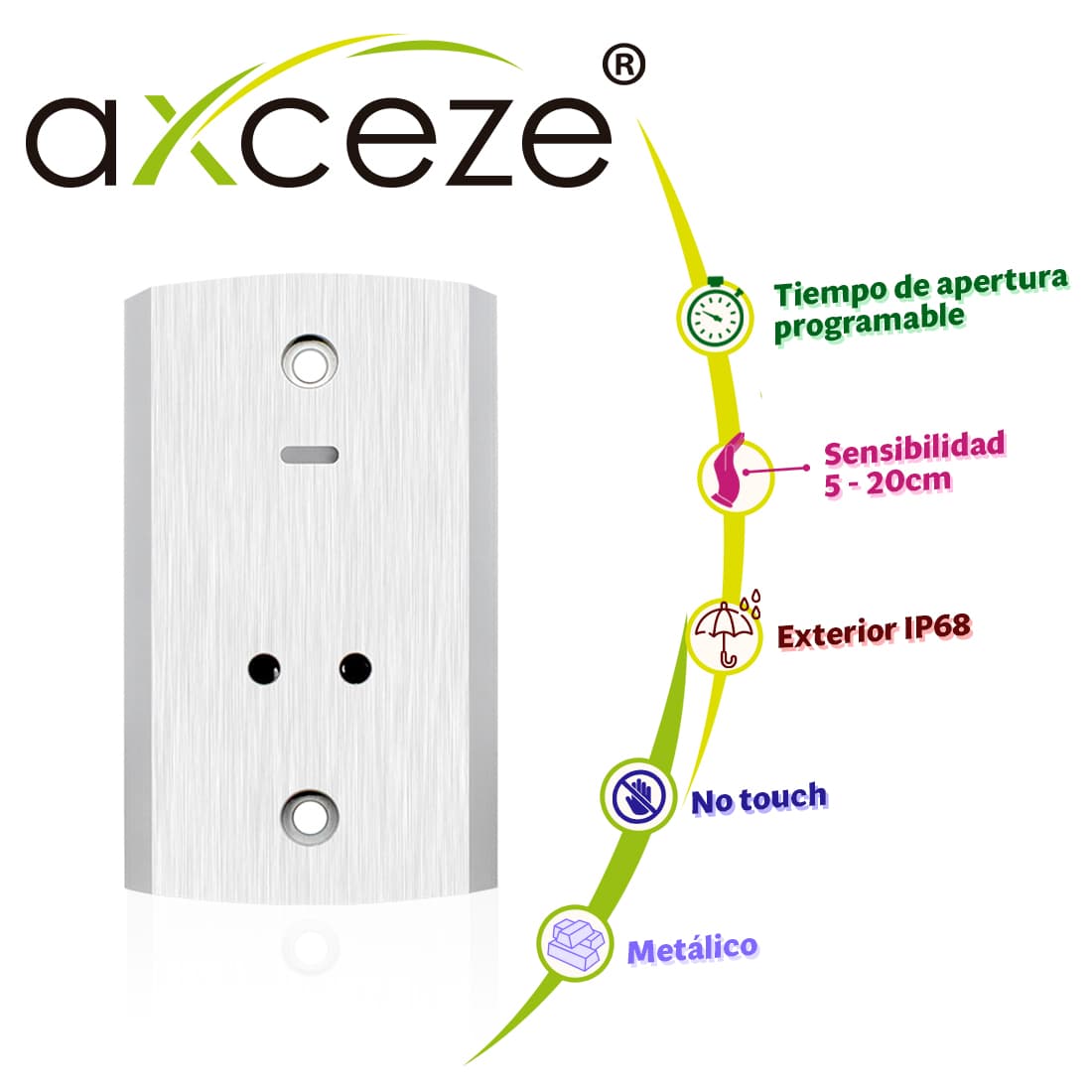 BOTON DE PERTICION DE SALIDA AX-B140 FORMATO VERTICAL CUBIERTA METALICA GRADO DE PROTECCION IP68 SOPORTA EXTERIOR TIENE LED INDICADOR DE ESTADO SE PUDEN AJUSTAR LA DISTANCIA DE ACTIVACION Y EL RETARDO PARA ABRIR LA PUERTA - Miniatura 2