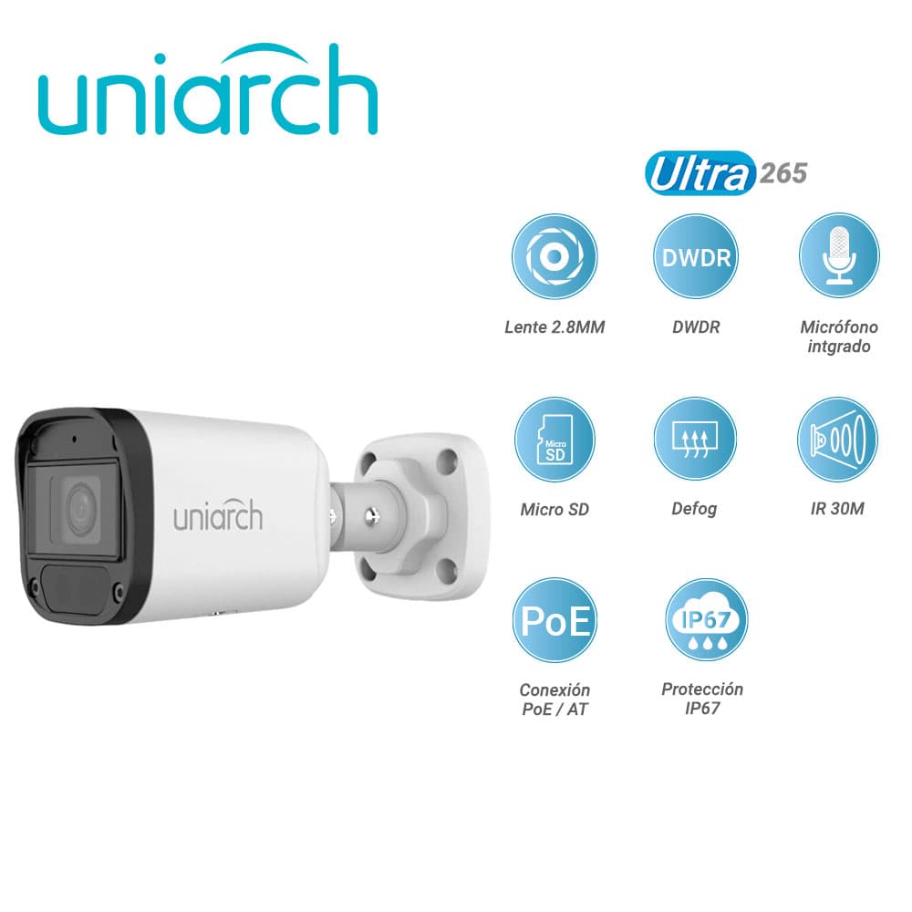 CAMARA IP BULLET UNIARCH IPC-B122-APF28K / 2MP / LENTE-2.8MM / DWDR / IR30M / MICROSD128GB / MICROFONO-INTEGRADO / DIGITAL-DEFOG / MOTION-DETECTION / ONVIF / IP67 / 3-AXIS / ULTRA265 / POE-AF / 12 VCD - Miniatura 3