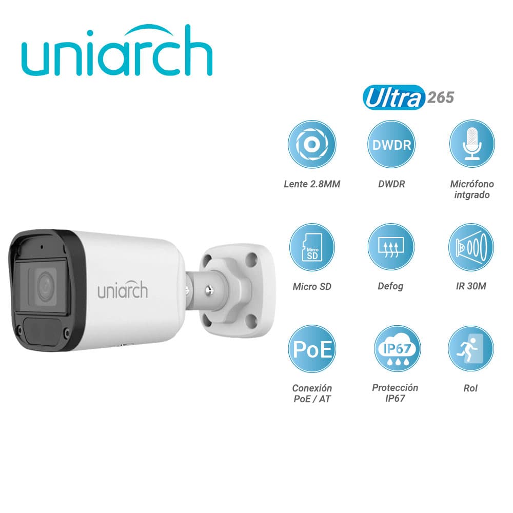 CAMARA IP BULLET IPC-B124-APF28K UNIARCH / 4MP / ULTRA 265 / LENTE 2.8 MM / DWDR / MICROFONO INTEGRADO / RANURA PARA MICROSD HASTA 128GB / DIGITAL DEFOG / IR 30M / POE AF / 12VCD / ROI / 3 AXIS / IP67 - Miniatura 3