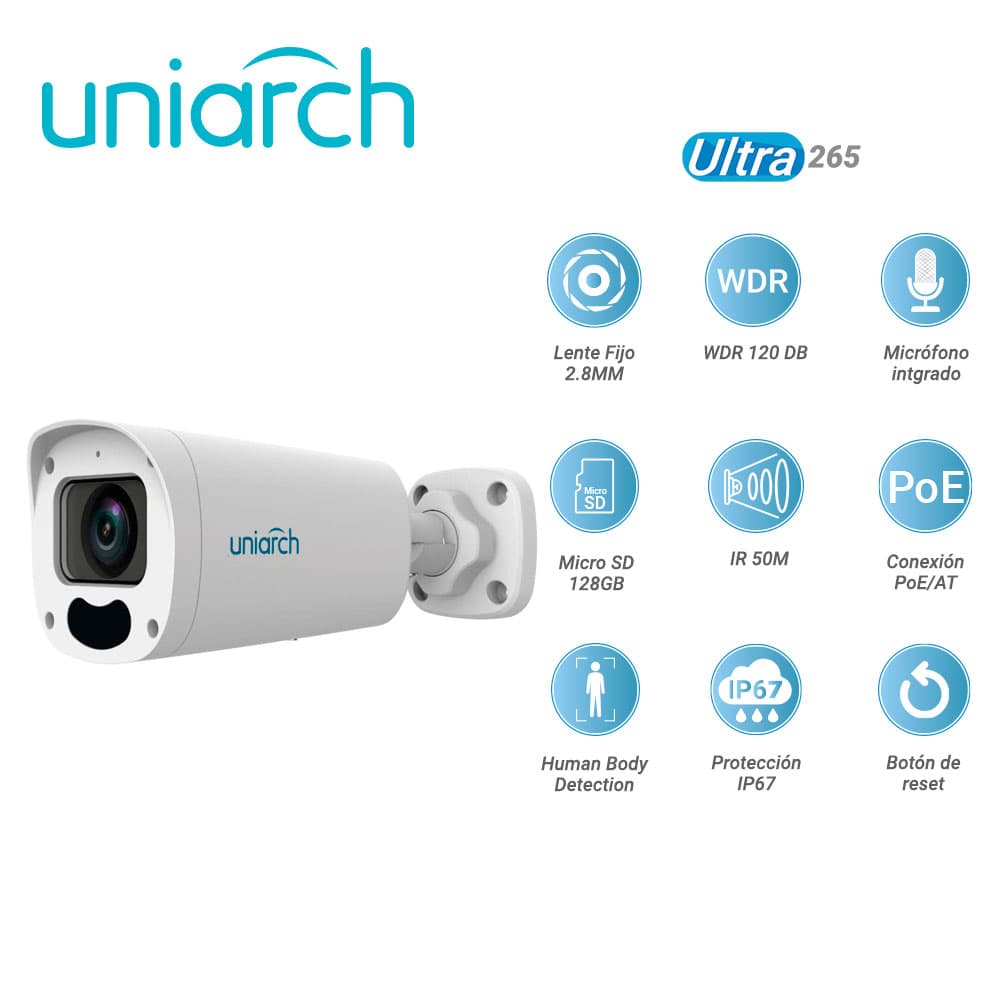 CAMARA IP BULLET UNIARCH IPC-B312-APKZ / 2MP / ULTRA265/ LENTE MOTORIZADO 2.8 MM-12 MM  / WDR 120DB / MICROFONO EMBEBIDO / RANURA PARA MICRO SD 128 GB /  IR 50M / POE AT Y 12VCD / ANALITICAS HUMAN BODY DETECTION / IP67 / BOTON DE RESET - Miniatura 3