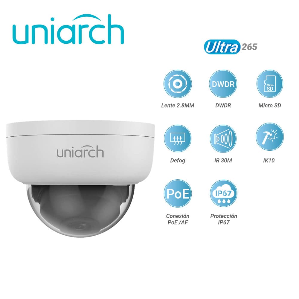 CAMARA IP DOMO UNIARCH IPC-D124-PF28K / 4MP / ULTRA265 / LENTE 2.8 MM /  DWDR / RANURA PARA MEMORIA SD HASTA 128 GB  / DIGITAL DEFOG /  IR 30M / IK10 / POE AF / 12 VCD /  IP67 - Miniatura 3