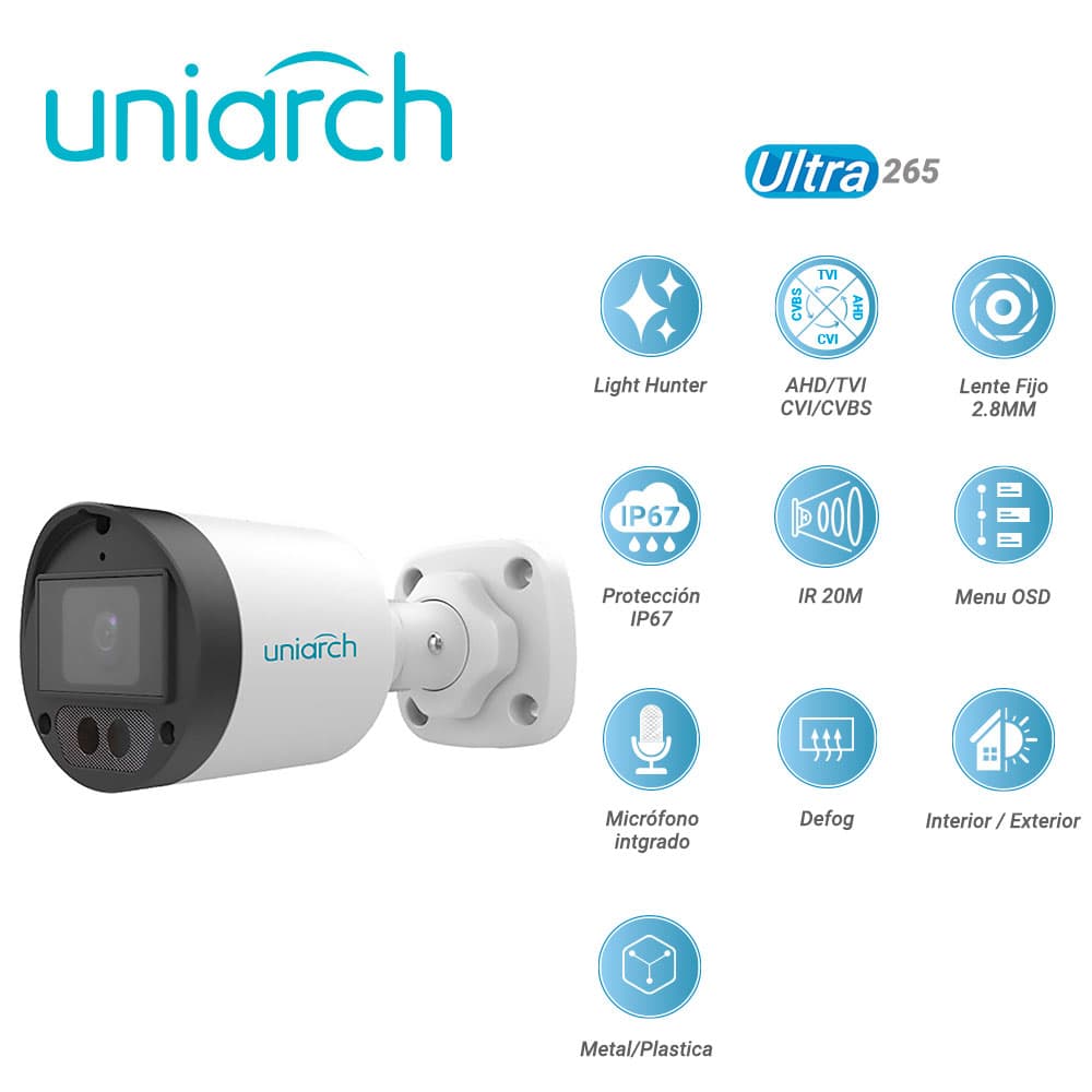CAMARA ANALOGICA LIGHTHUNTER BULLET UNIARCH UAC-B122-AF28LM / UAC-B122-AF28LM-H / 2MP / AHD/TVI/CVI/CVBS / LENTE FIJO 2.8MM / 12VCD / IP67 / IR 20M / DWDR / MENU OSD / MICROFONO INTEGRADO / DEFOG / INTERIOR / EXTERIOR / METAL PLASTICA - Miniatura 3