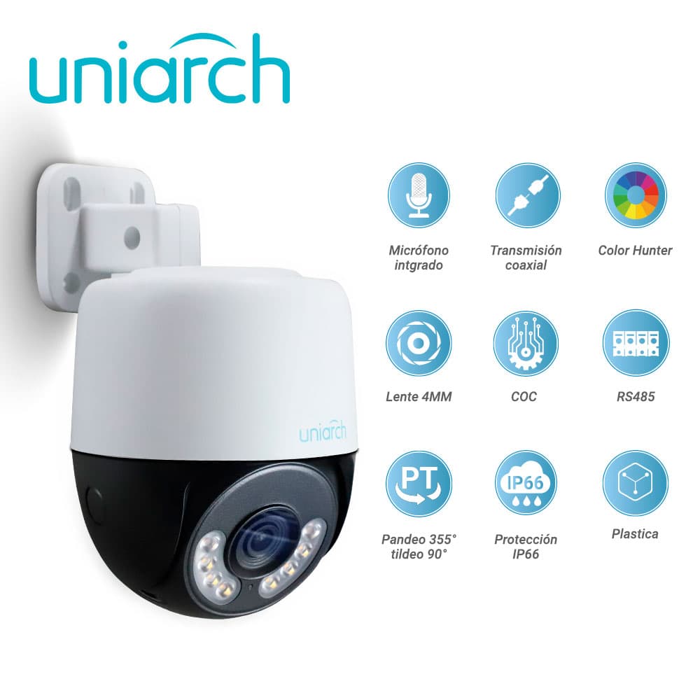 CAMARA HD PT UNIARCH COLORHUNTER UAC-P112-AF40-W / 2MP / TVI/AHD/CVI: 1080P@25fps / LENTE-4MM / DWDR / LUZ-BLANCA30M / MICROFONO-INTEGRADO / PANEO+TILDEO-0-345GRADOS / PLASTICA / IP66 / 12 VCD - Miniatura 6