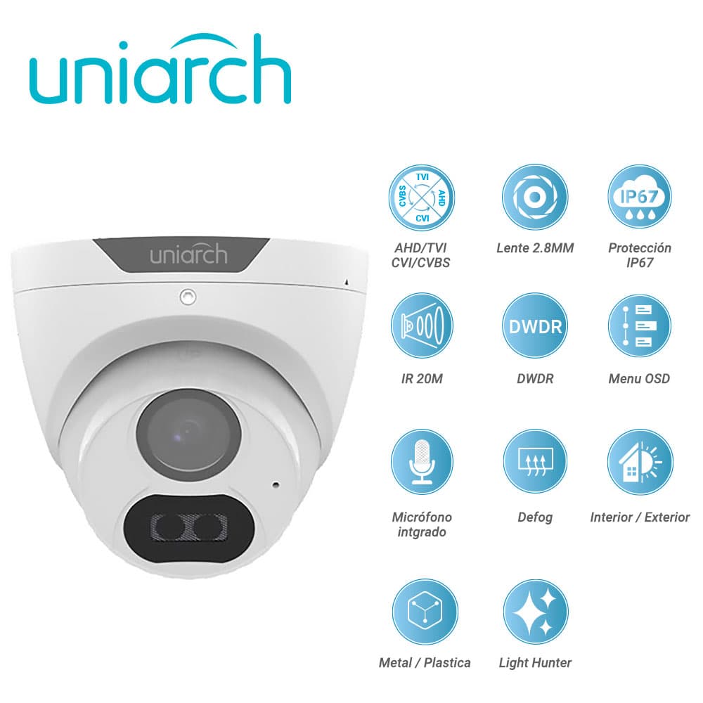 CAMARA ANALOGICA LIGHTHUNTER TURRET UNIARCH UAC-T122-AF28LM / UAC-T122-AF28LM-H / 2MP / AHD/TVI/CVI/CVBS / LENTE FIJO 2.8 MM / 12 VCD / IP67 / IR 20M / DWDR / MENU OSD / MICROFONO INTEGRADO / DEFOG / 3 AXIS / INTERIOR / EXTERIOR / METAL PLASTICA - Miniatura 3
