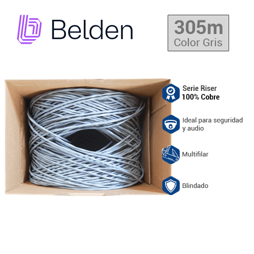 CABLE DE AUDIO COMERCIAL Y SEGURIDAD BELDEN 5100FE 008U1000 / INTERIOR / GRIS / 2 CONDUCTORES / MULTIFILAR / 14 AWG / FORRO PVC / CMR - CL3R - FPLR / BLINDADO / EN CAJA / 1,000 PIES 305 METROS - Miniatura 3