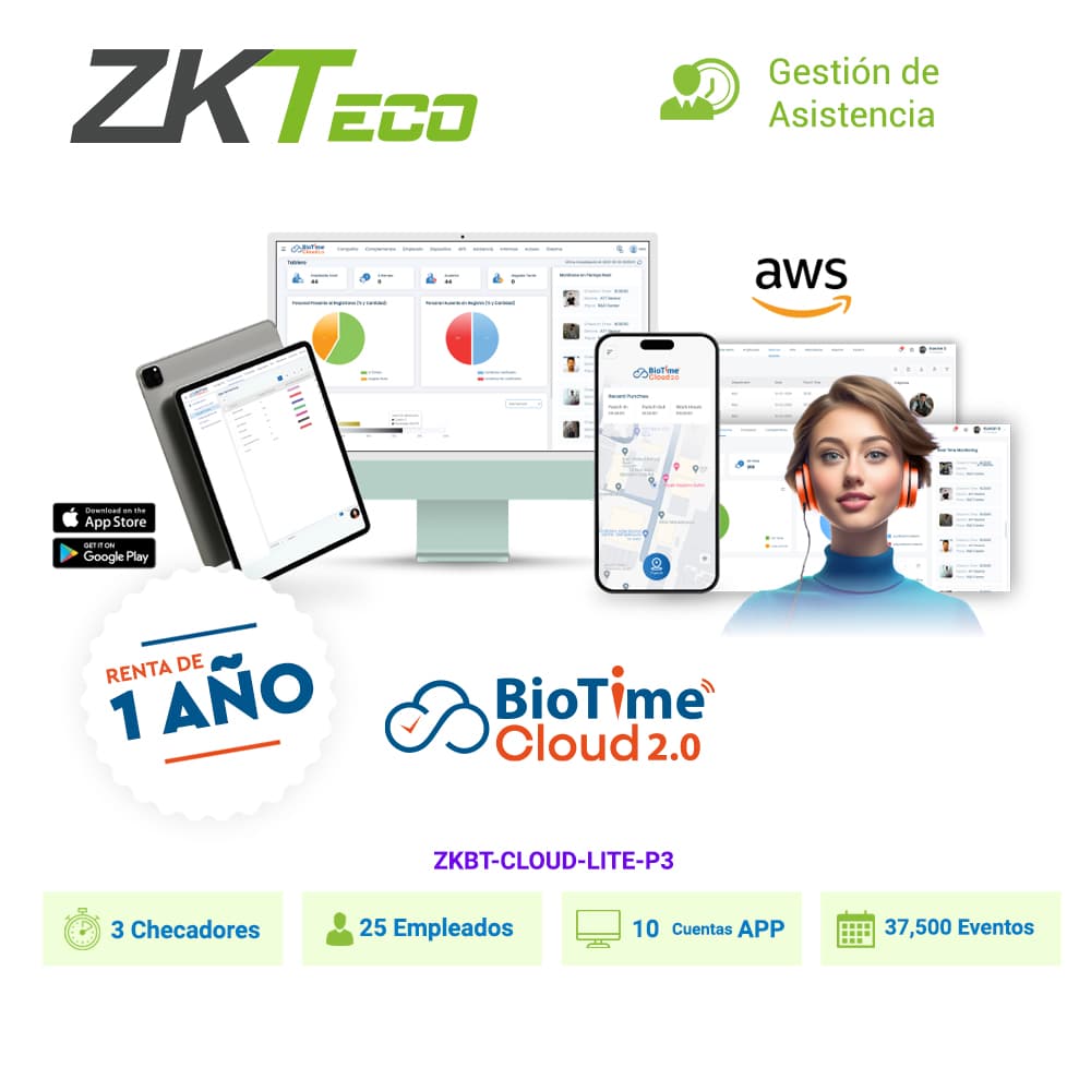 LICENCIA DE ASISTENCIA EN LA NUBE ZKTECO BIOTIME CLOUD LITE CAPACIDAD 3 CHECADORES, 25 EMPLEADOS, 10 APP, 37,500 EVENTOS / RENTA DE 1 AÑO - Miniatura 2
