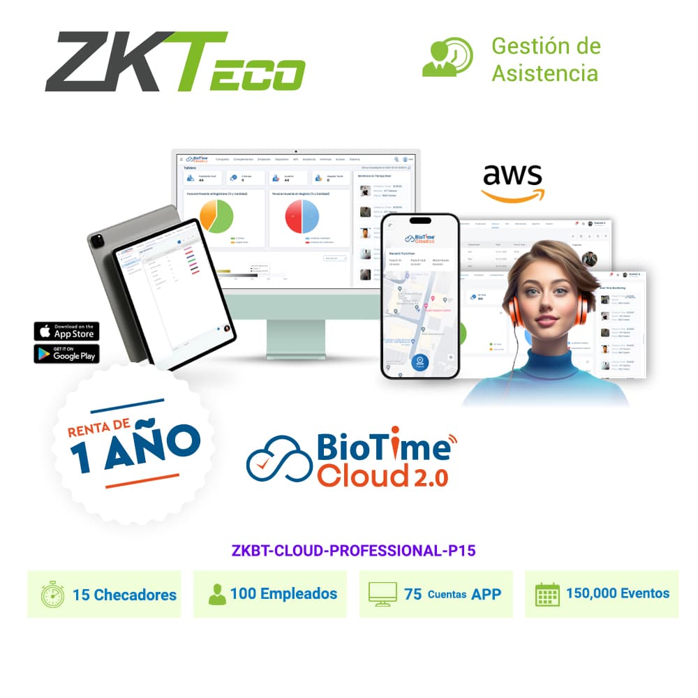 LICENCIA DE ASISTENCIA EN LA NUBE ZKTECO BIOTIME CLOUD PROFESSIONAL CAPACIDAD 15 CHECADORES, 100 EMPLEADOS, 75APP, 150,000 EVENTOS / RENTA DE 1 AÑO - Miniatura 2